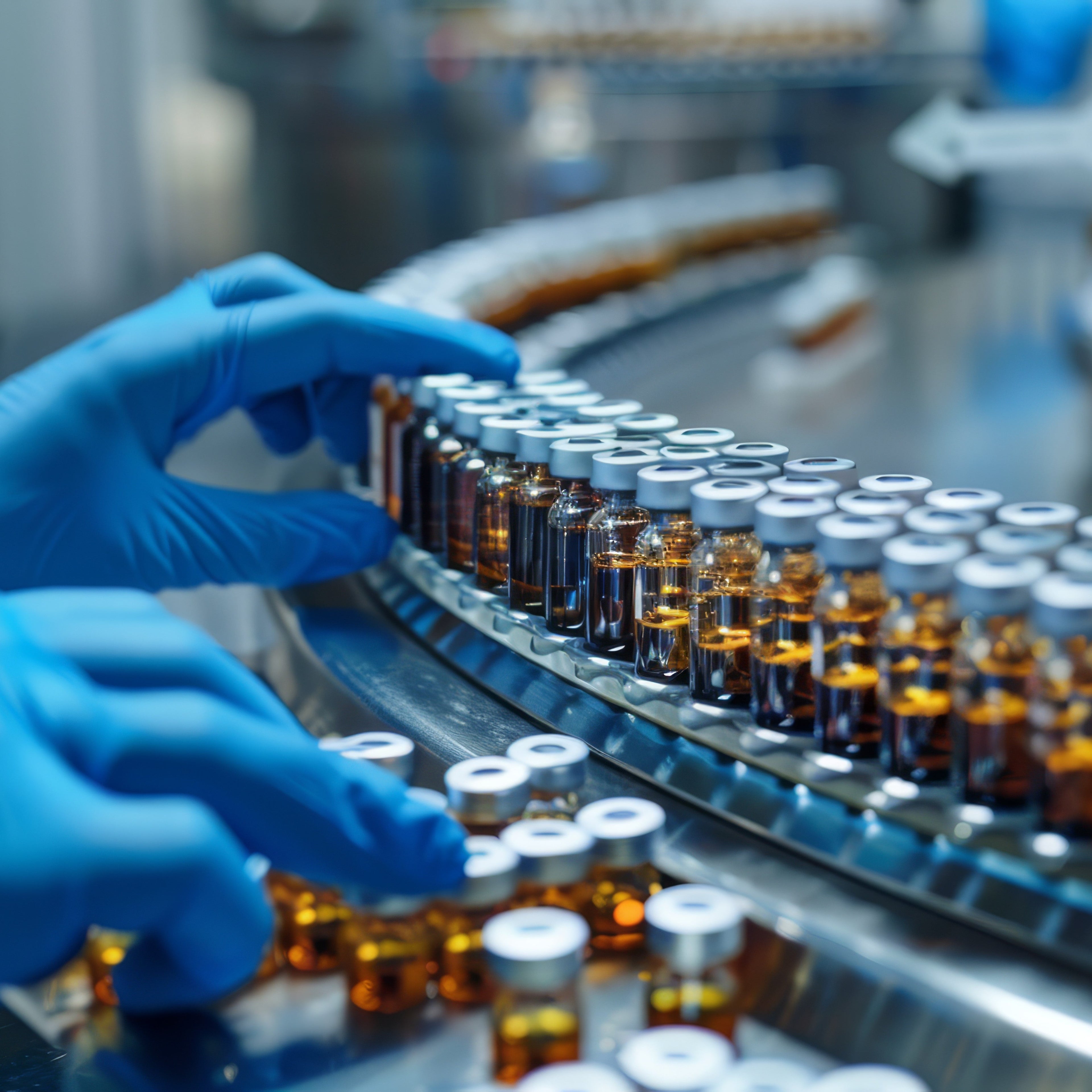 <Hands in blue gloves taking samples of glass vaccine vials with metal closures from three rows on a production line conveyor belt. Credit> 330891189 © AminaDesign | Dreamstime.com