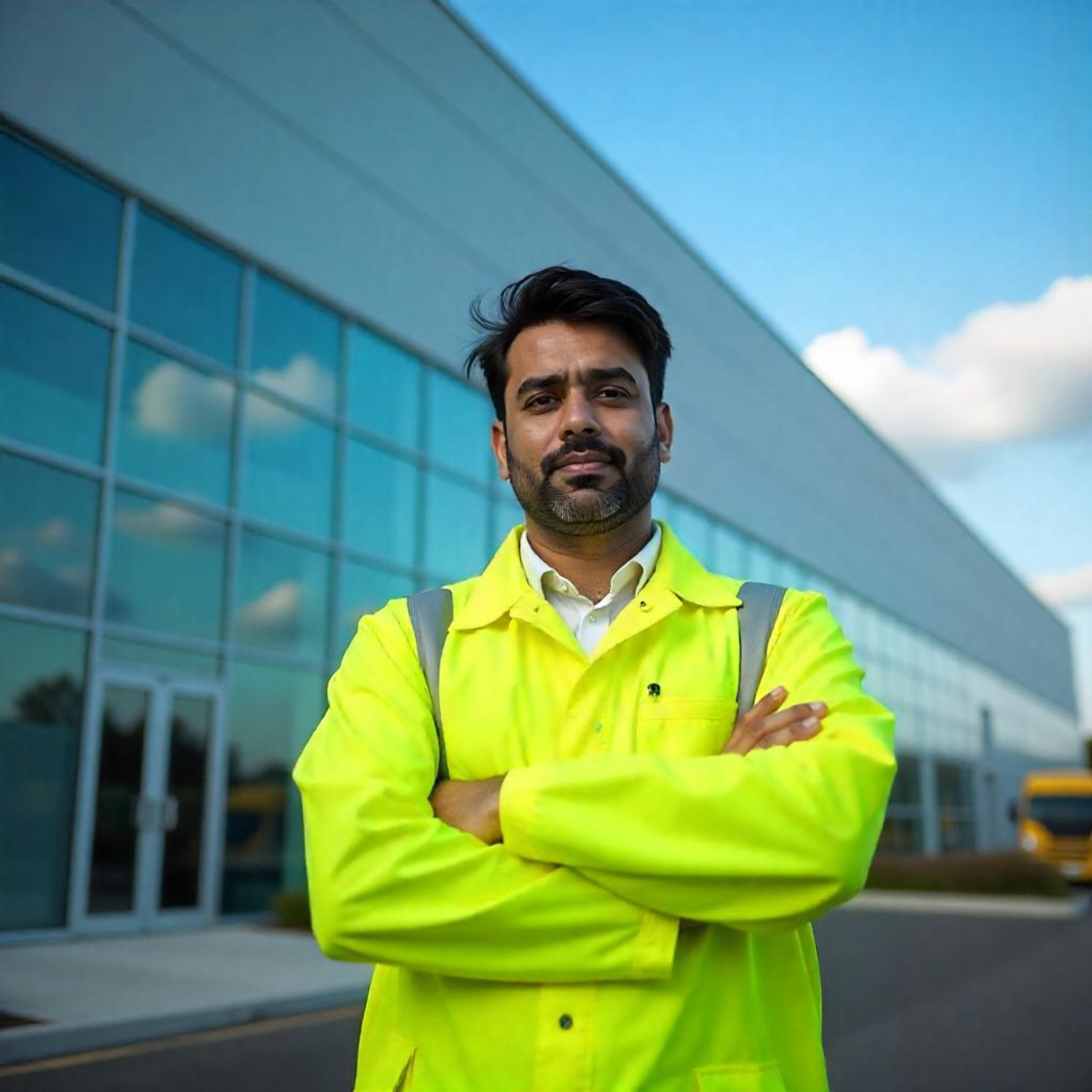 <Proud, male sanitation supervisor stood outside a modern metal and glass facility in a clean, well kept yard wearing a fluorescent jacket. Credit> Freepik