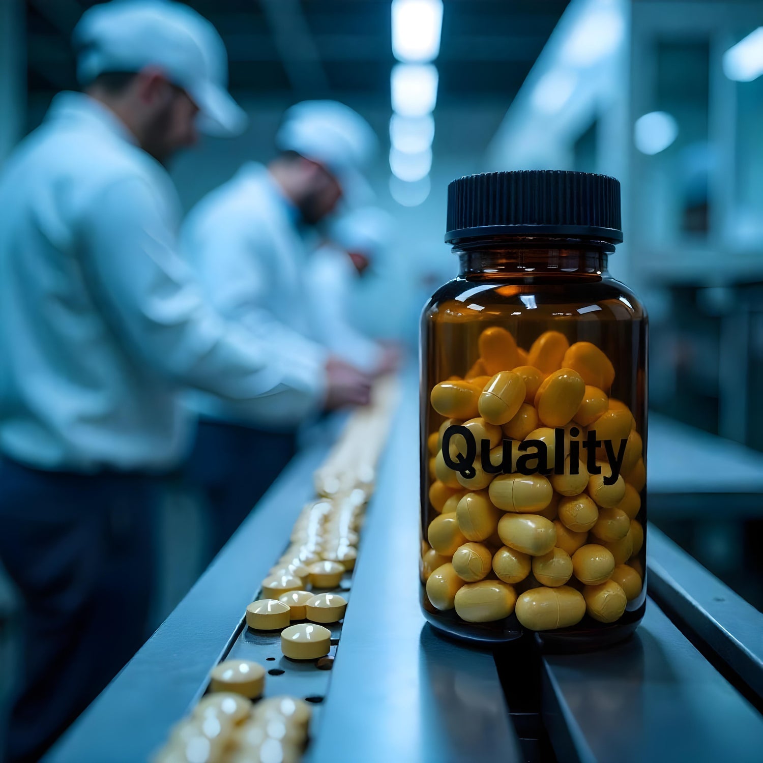 &lt;Amber bottle of capsules labelled Quality, on the side of a conveyor carrying round yellow tablets to be packed by a team of operators. Credit&gt; Freepik