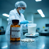 <Amber bottle of tablets or capsules labelled Strength, one of the requirements of production records, with bakground of female operator weighing a powder in a plastic container. Credit> Freepik