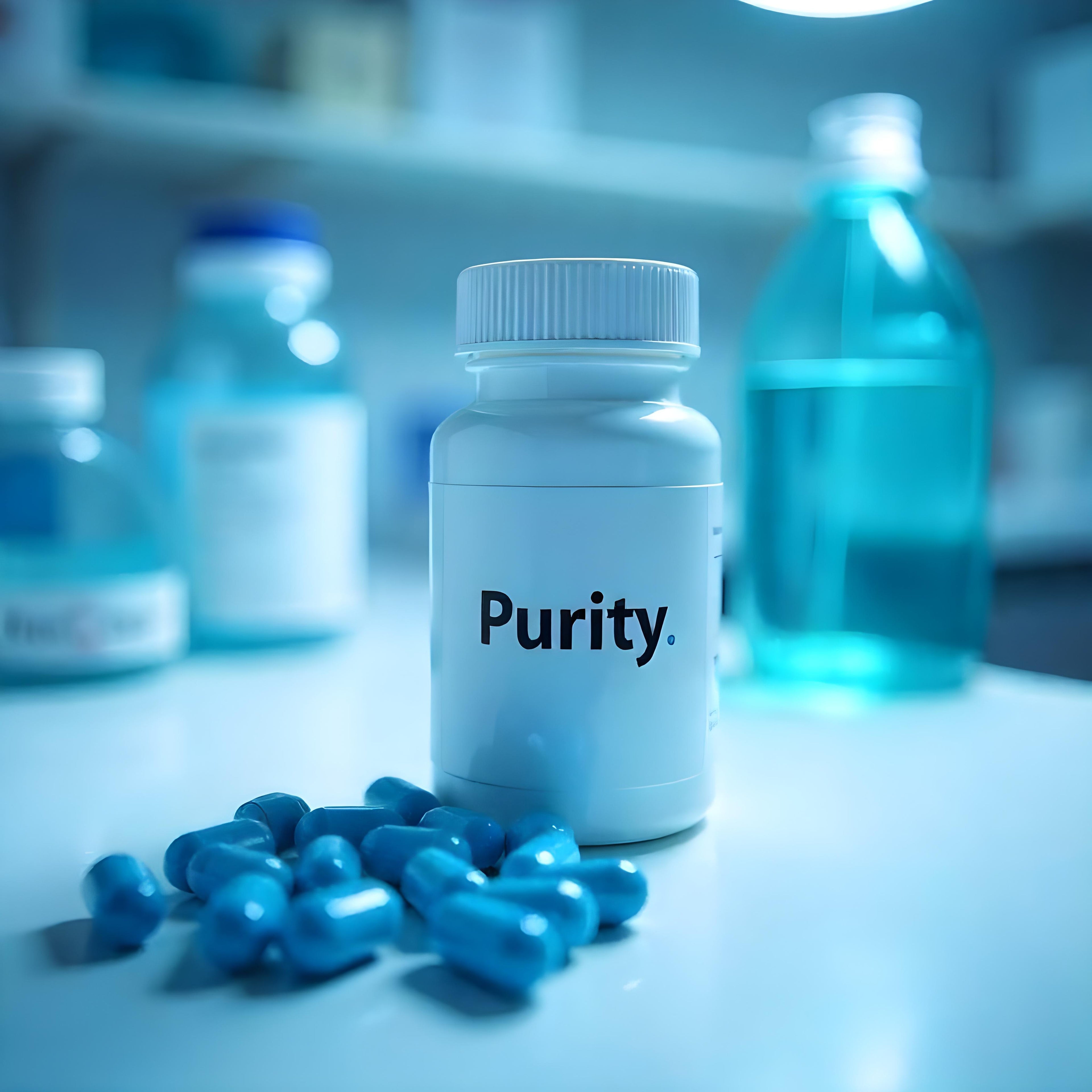 &lt;White bottle labelled Purity, one of the drug specification requirements, with some blue capsules in front of it on a white lab surface and behind it some reagent bottles with clear liquids. Credit&gt; Freepik