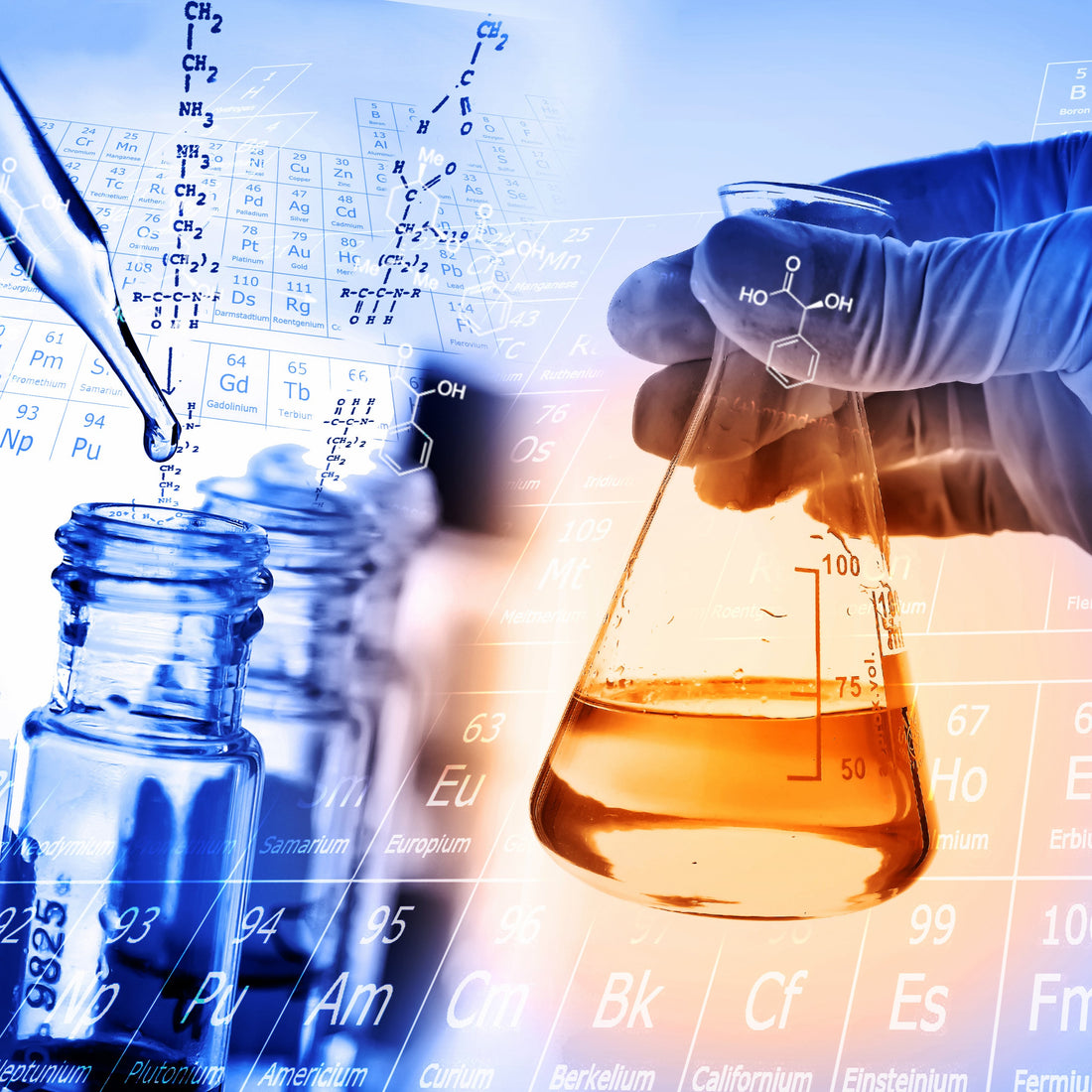 &lt;On a background of the periodic table of elements, on the left, pipette dropping liquid into clear glass bottles, on the right, hand in blue glove holding a sunlit conical flask with clear amber liquid. Credit&gt; AdobeStock_101292718