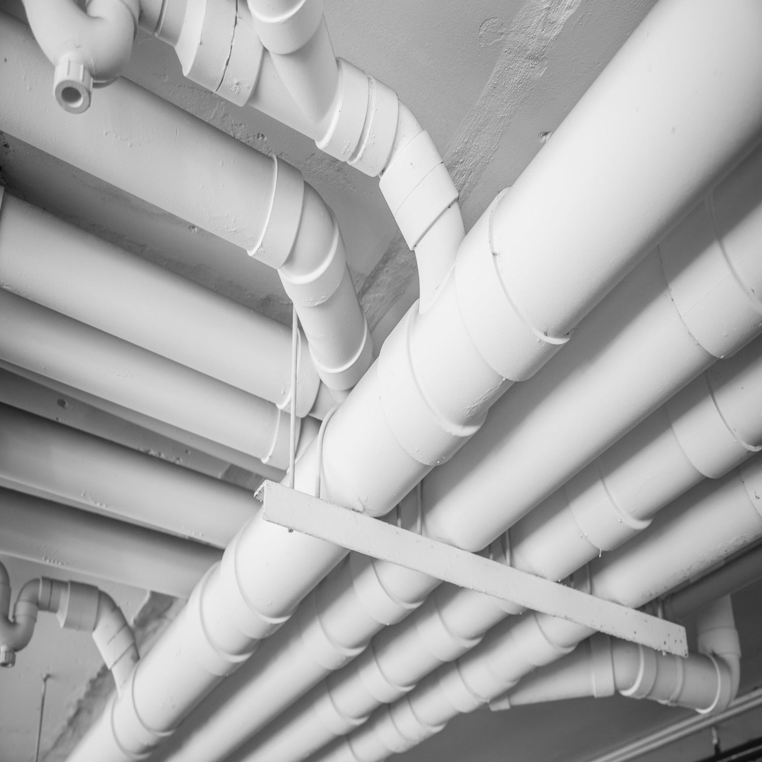 &lt;Series of four white plastic pipes with various branches transporting rainwater from the guttering of the roof of a dietary supplement facility to a waste pipe. Credit&gt; AdobeStock_118182386