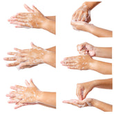 <Step by step instructions with 6 photos of soapy hands on 1 poster of how to wash hands properly between fingers. Credit> AdobeStock_137298935