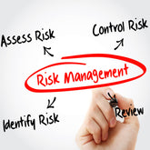 <Hand with a marker pen writing on a clear screen the four principles of Risk Management, identify, assess, control, and review. Credit> AdobeStock_173501135