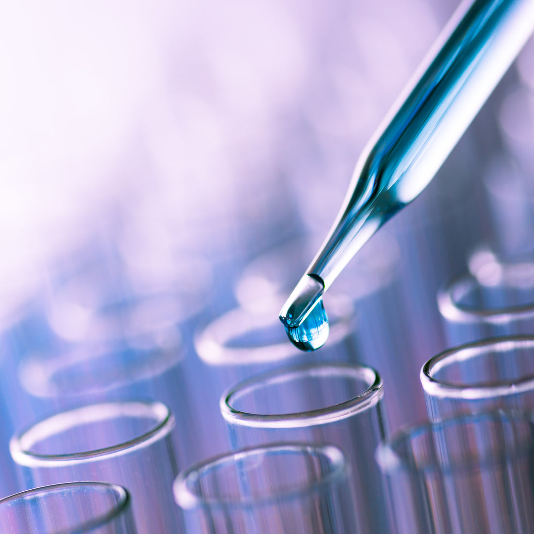 &lt;Close up of a glass pipette dropping a clear blue liquid into a row of violet test tubes. Credit&gt; AdobeStock_194483383 