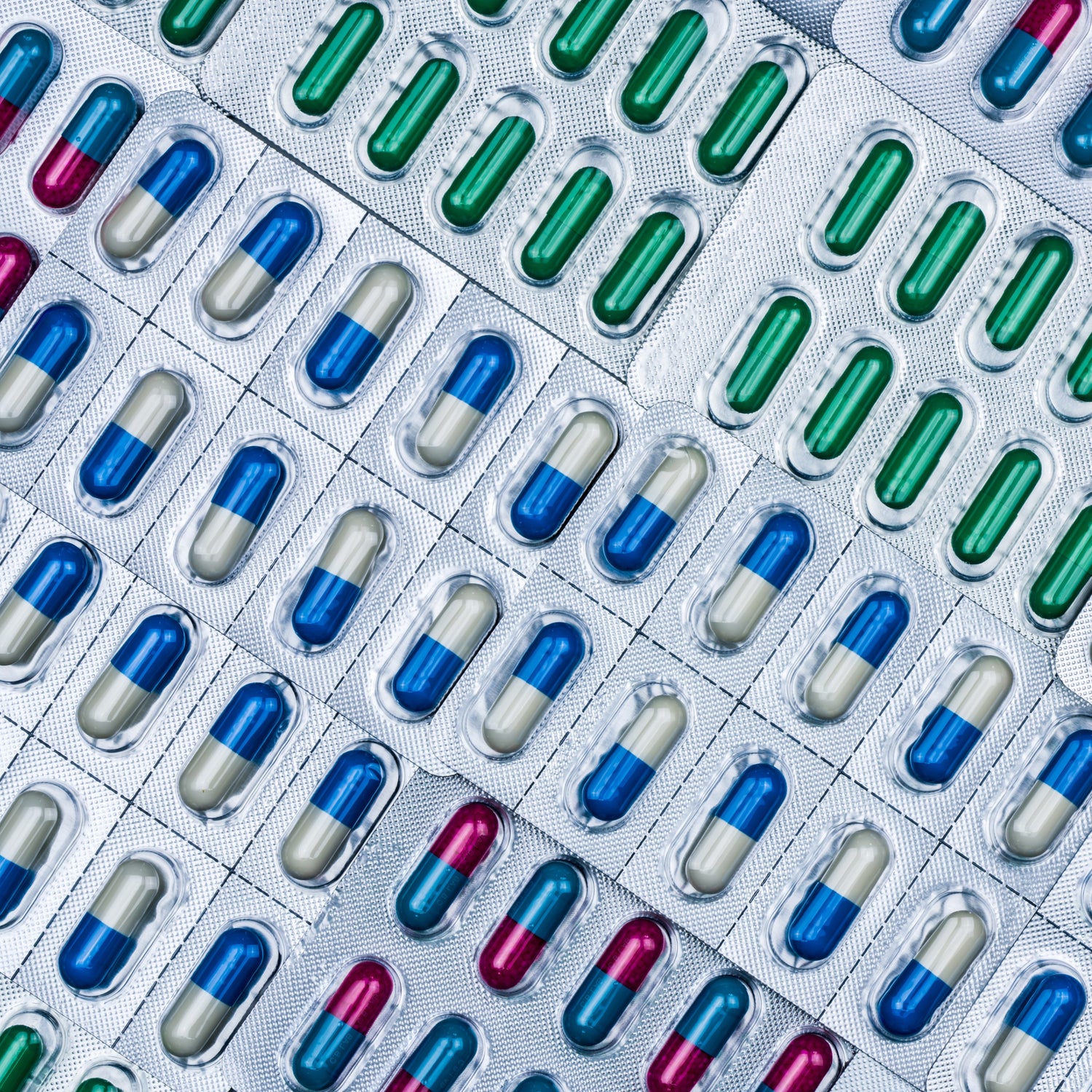 &lt;Examples of foil blisters of blue and white or green dietary supplement capsules returned as faulty, lined up for examination and disposition . decision. Credit&gt; AdobeStock_195624424