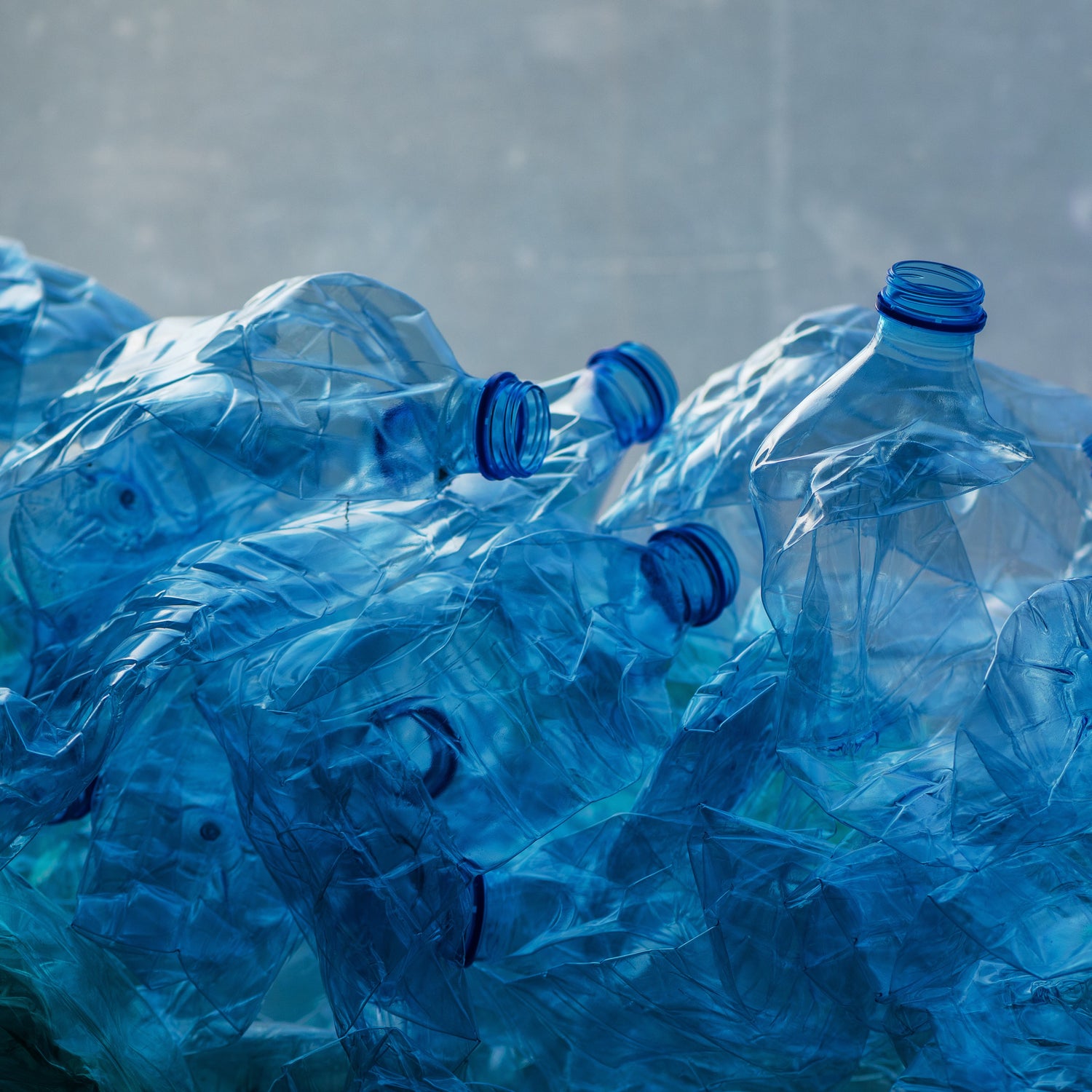 &lt;Pile of damaged blue plastic bottles  lying on the concrete floor returned for recycling. Credit&gt; AdobeStock_223169122