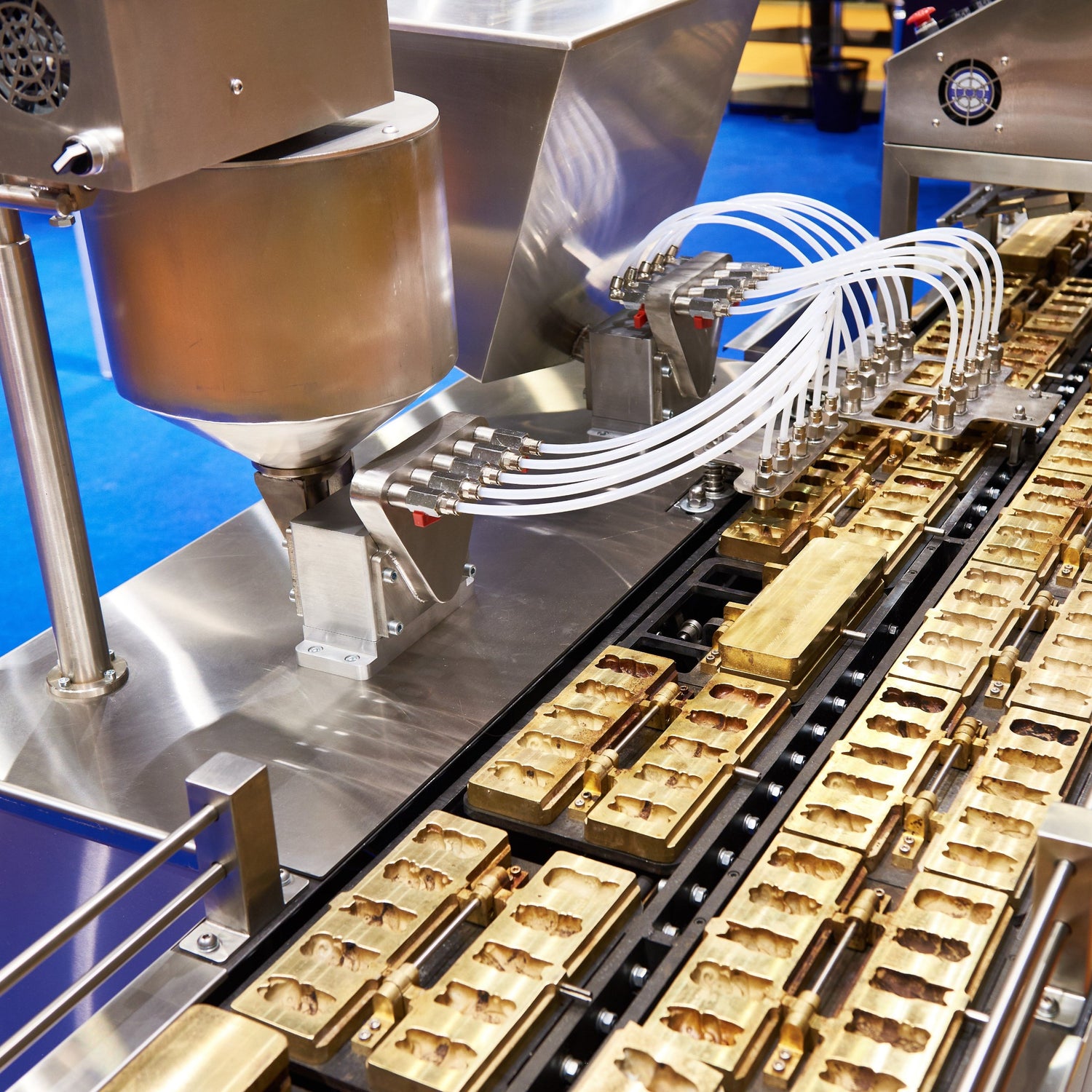 &lt;Series of 5 plastic tubes coming from a stainless steel hopper filling gold coloured metal lozenge moulds with hot molten dietary supplement confectionery and passing them down a conveyor into a cooling tunnel with a blue non slip floor. Credit&gt; AdobeStock_227896938