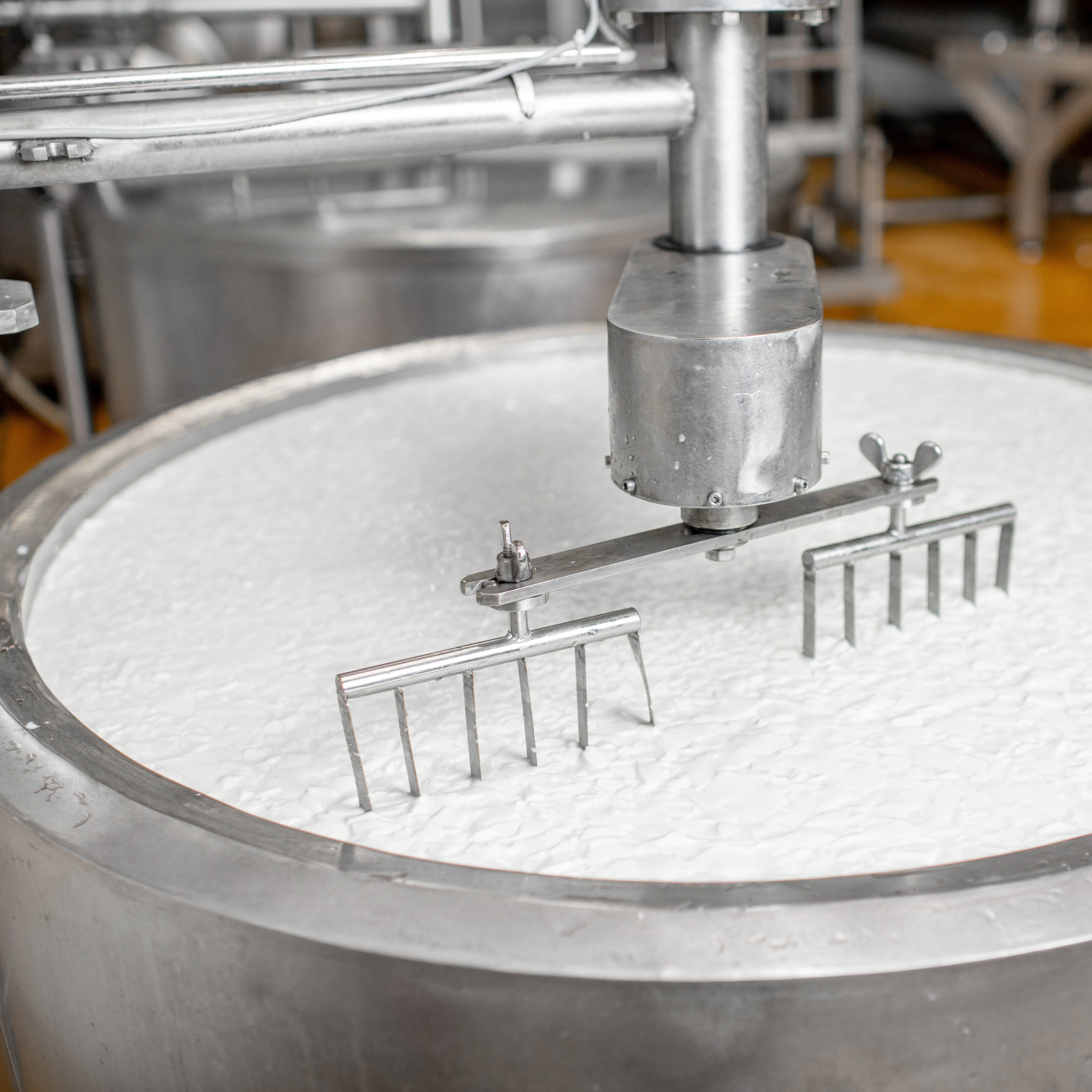 &lt;White probiotic supplement being mixed in a stainless steel tank by a rotating agitator with a series of fork shaped blades on the end. Credit&gt; AdobeStock_235550844