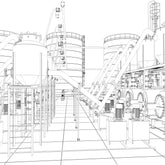 <Architect pencil sketch of a dietary supplement manufacturing facility with mixing tanks, pipework, and flooring. Credit> AdobeStock_250842624