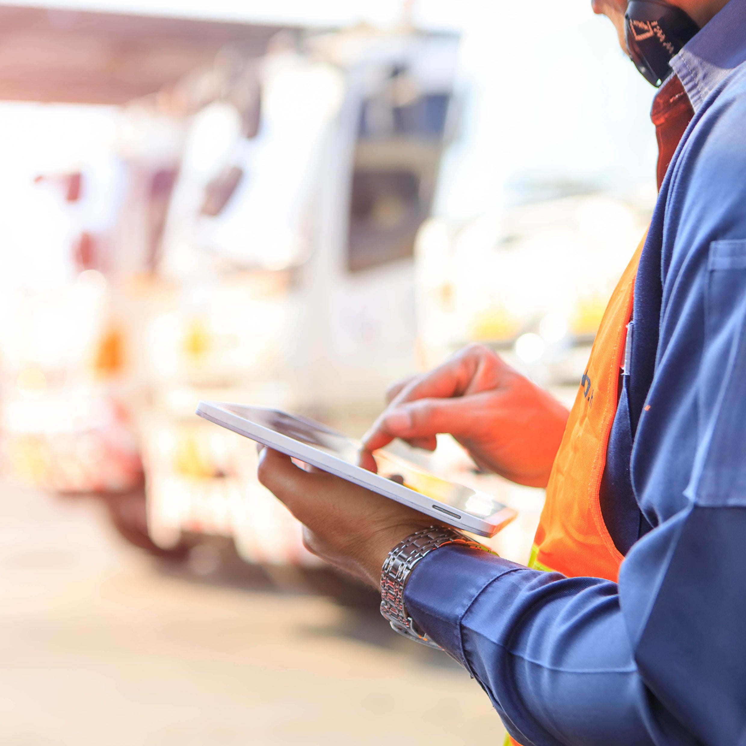 &lt;Arms and body of man with fluorescent jacket and ipad checking in lorry deliveries to a dietary supplement warehouse. Credit&gt; AdobeStock_251718231