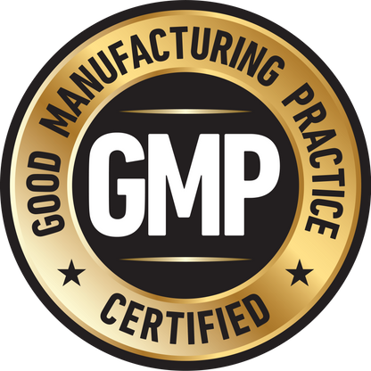 &lt;Good Manufacturing Practice Certified medal with gold outer ring and black writing and a black centre with GMP in large white letters between two gold lines. Credit&gt; AdobeStock_266733061