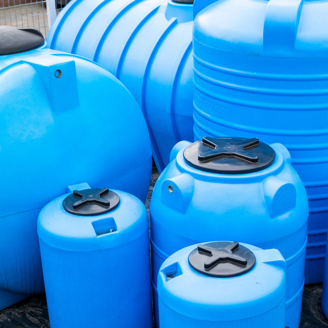 &lt;A range of 5, 10, 25 and 50KG blue plastic containers of chemical cleaning and sanitizing agents for a dietary supplement facility. Credit&gt; AdobeStock_282559117