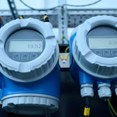 <Pair of blue, circular water flow meters with digital displays to record the amount of purified water added to a batch of dietary supplement. Credit> AdobeStock_297329098