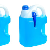 <Two 25 Kg opaque plastic jerry cans with a navy blue cap and spout containing blue cleaning or sanitizing agent for dietary supplement GMP. Credit> AdobeStock_299251866