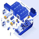 <Artist cartoon drawing of the overhead view of a dietary supplement facility with goods being loaded by forklift truck out of two warehouses and distributed by lorry and sea. Credit> AdobeStock_327503350