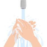 <Cartoon drawing of two arms washing hands in water from a chrome spout and lathering with liquid soap. Credit> AdobeStock_332502715