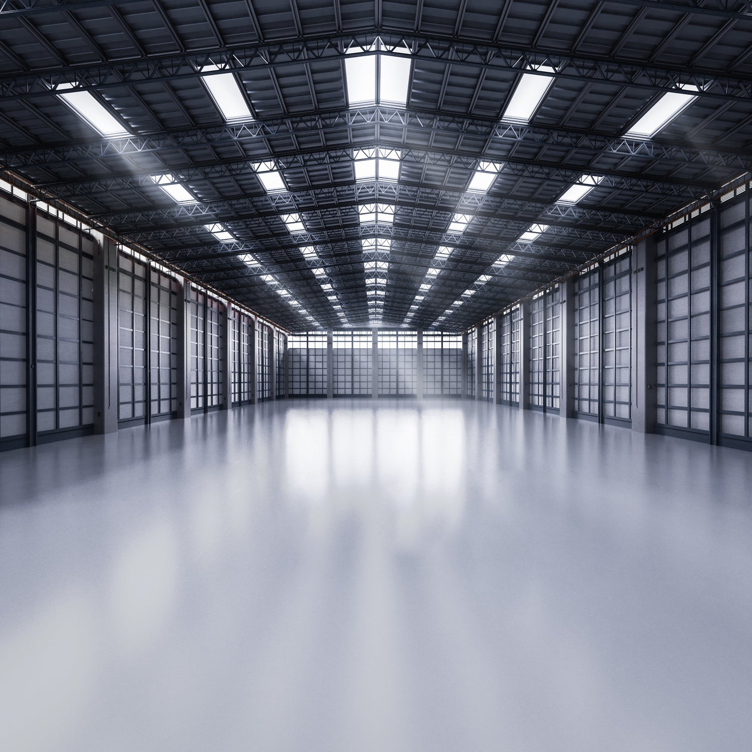 &lt;Completely empty warehouse building with perfect grey non-slip floor, grey walls with black square frames, and black metal roof with 5 rows of skylights. Credit&gt; AdobeStock_360611578