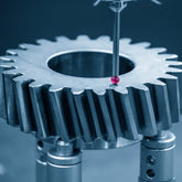 <On a grey background, measuring with a touch sensor the brushed steel gear part, that resembles a cog from a 
 clock, taken from a filling machine for calibration and maintenance. Credit> AdobeStock_370574811