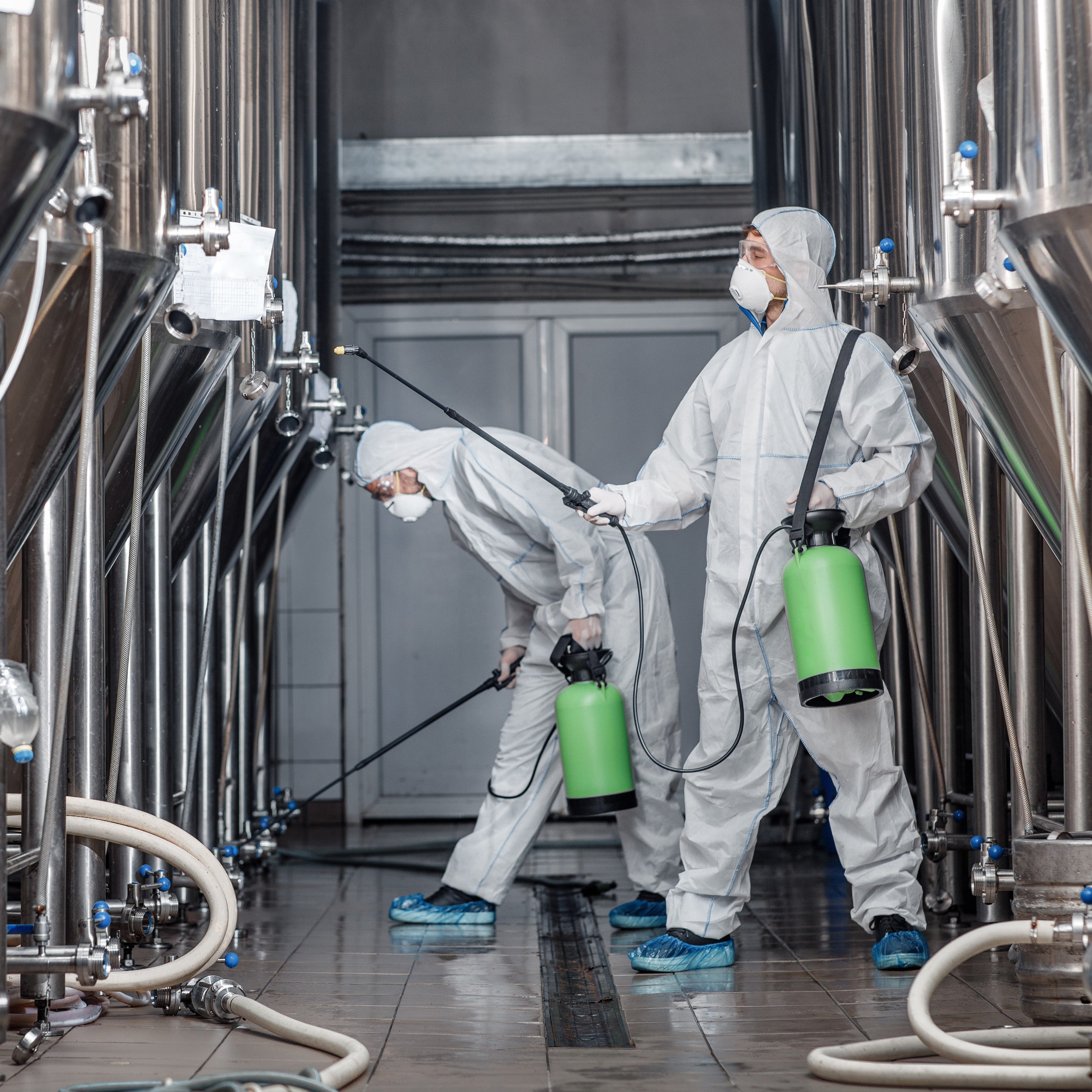 &lt;Two men dressed in protective white overalls, wearing safety boots, face masks and gloves, cleaning the outside of manufacturing mixing tanks with spray hoses from a green chemical container. Credit&gt; AdobeStock_376451842