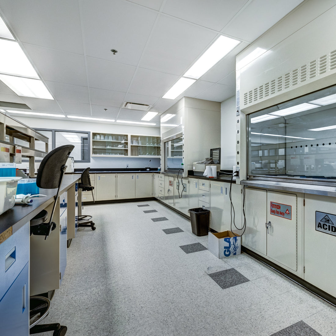 &lt;Laboratory with cream cupboards on one side, blue on the other, grey non-slip floor, white suspended ceiling with square LED lights, a fume cupboard with hood. Credit&gt; AdobeStock_378631743