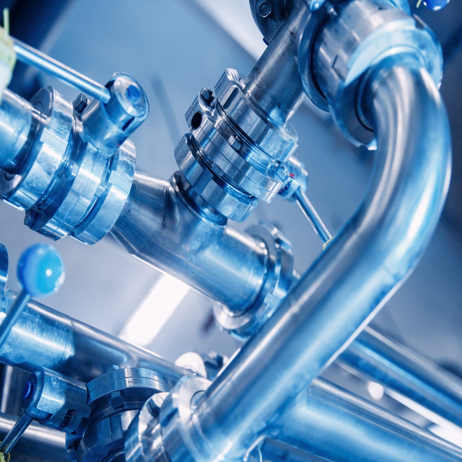 &lt;Stainless steel pipework, valves and connectors used to convey and transport dietary supplement liquids and gels. Credit&gt; AdobeStock_388675579