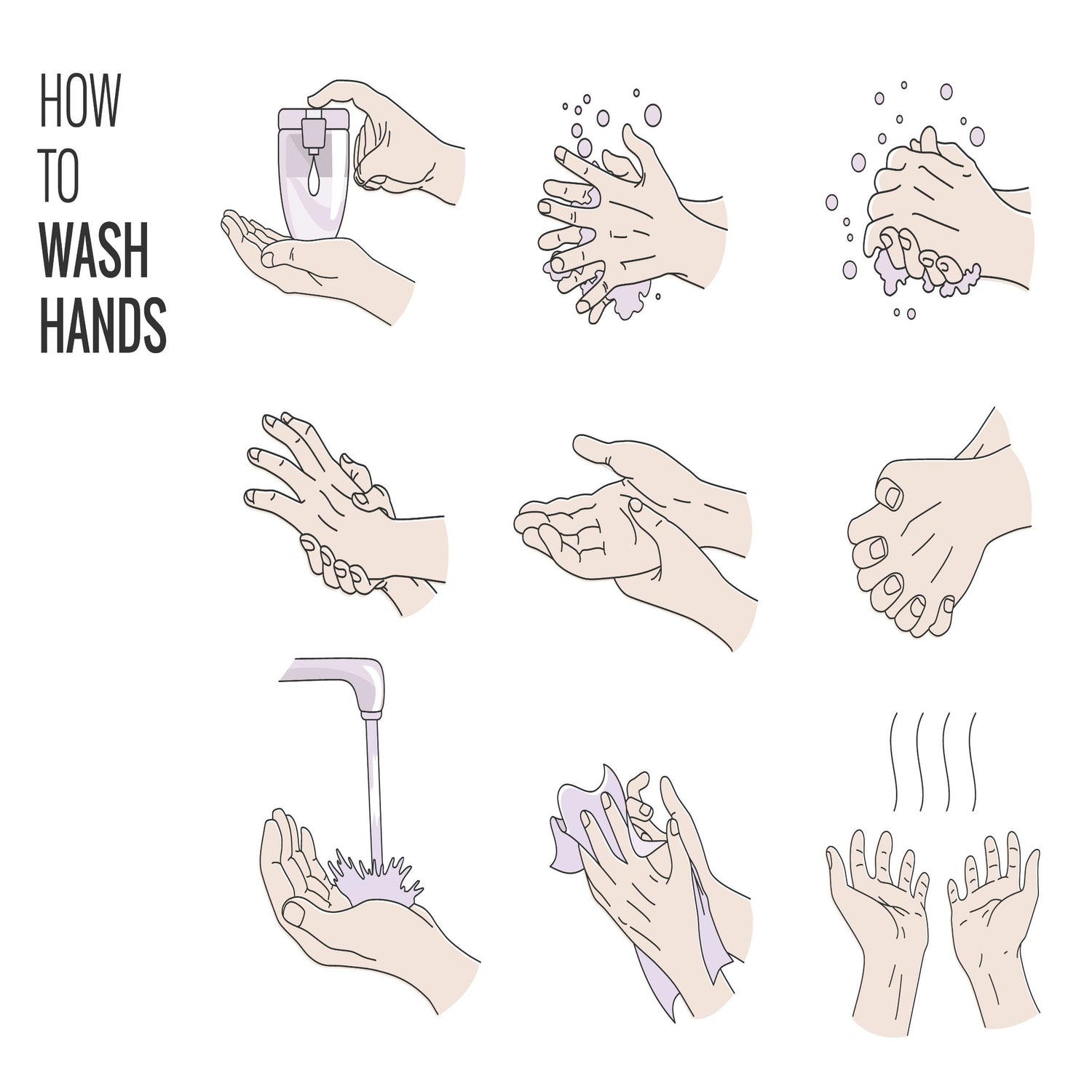 &lt;Nine cartoon drawings on one poster entitled How to Wash Hands showing step by step instructions for foam, rinse and drying. Credit&gt; AdobeStock_415443312