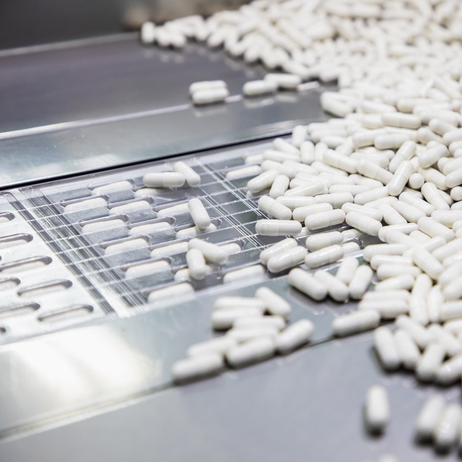 &lt;Hundreds of white dietary supplement capsules spread on to a stainless steel surface directed into moulds for 15 capsules, which are moving slowly to be filled and then continue for foil blister packing and cartoning. Credit&gt; AdobeStock_419535586