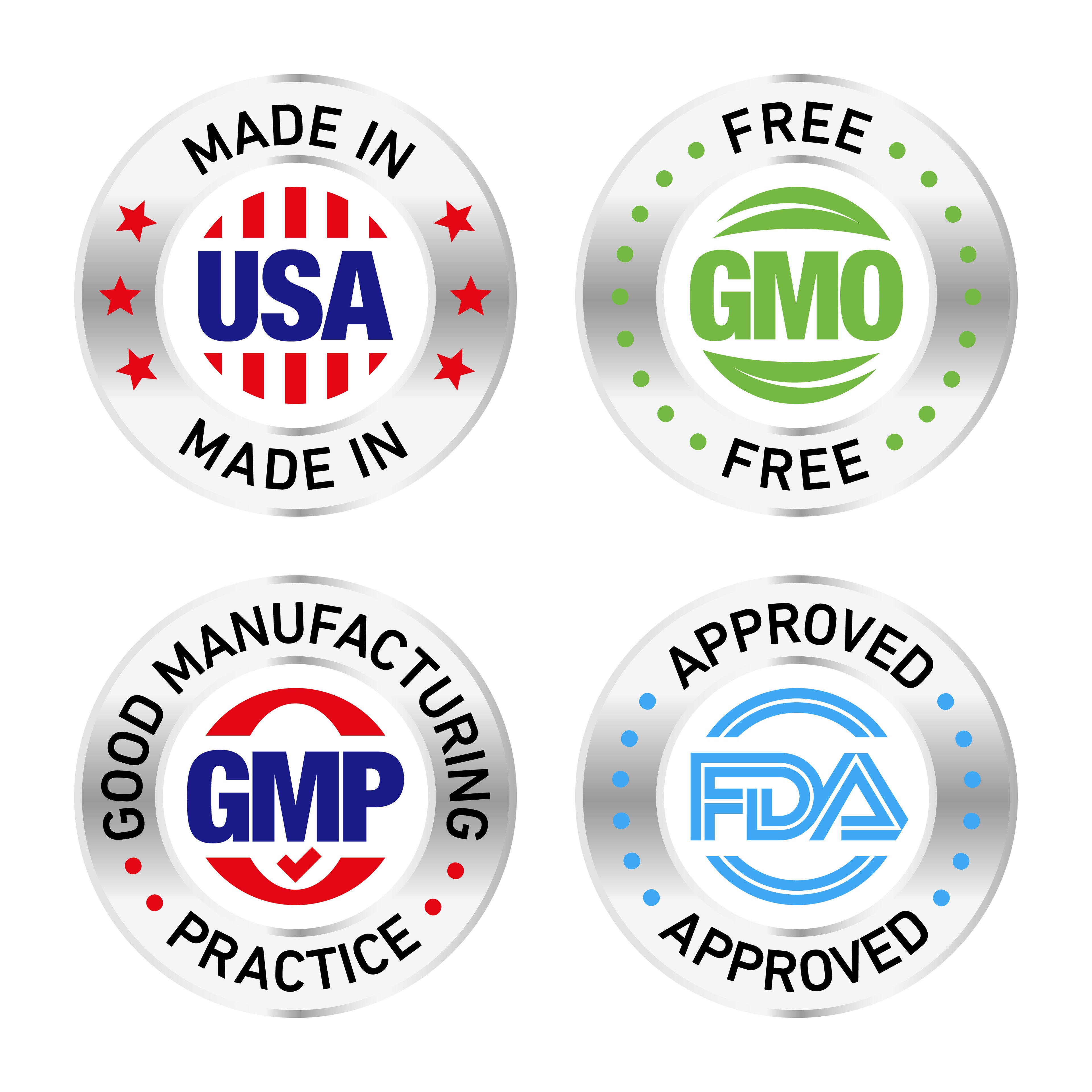 &lt;Four round silver medals in a square, one with Made in USA, one with GMO Free, one with GMP, and one with FDA Approved. Credit&gt; AdobeStock_431955561