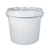 <White, plastic, 20 litre disposable bucket, typically used for weighing dietary supplement ingredients for addition to a batch in a mixing vessel. Credit> AdobeStock_439000738