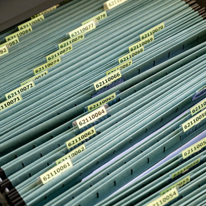 &lt;Open cabinet drawer containing over 30 green cardboard hanging file folders individually numbered and in numerical order with 8 digits starting in 6211. Credit&gt; AdobeStock_451517968