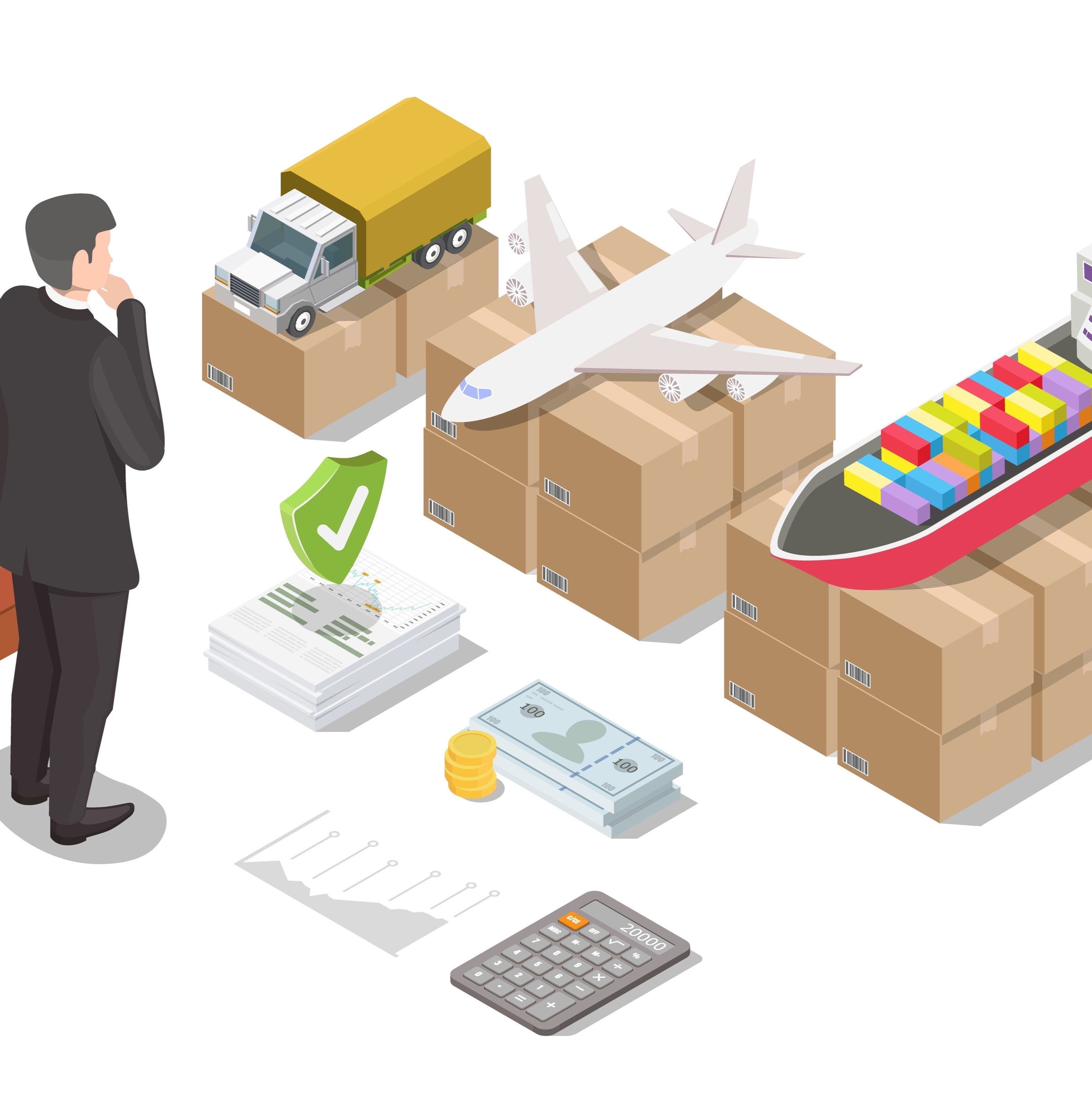 &lt;Cartoon of a man in a business suit considering options of a lorry sat on 2 boxes, plane sat on 8 boxes, or ship sat on 16 boxes, with some certificates, money and calculator. Credit&gt; AdobeStock_480881735