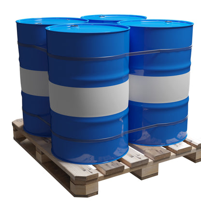 &lt;Four 200Kg blue metal drums with a white stripe around the middle sitting on a wooden pallet. Credit&gt; AdobeStock_499437766