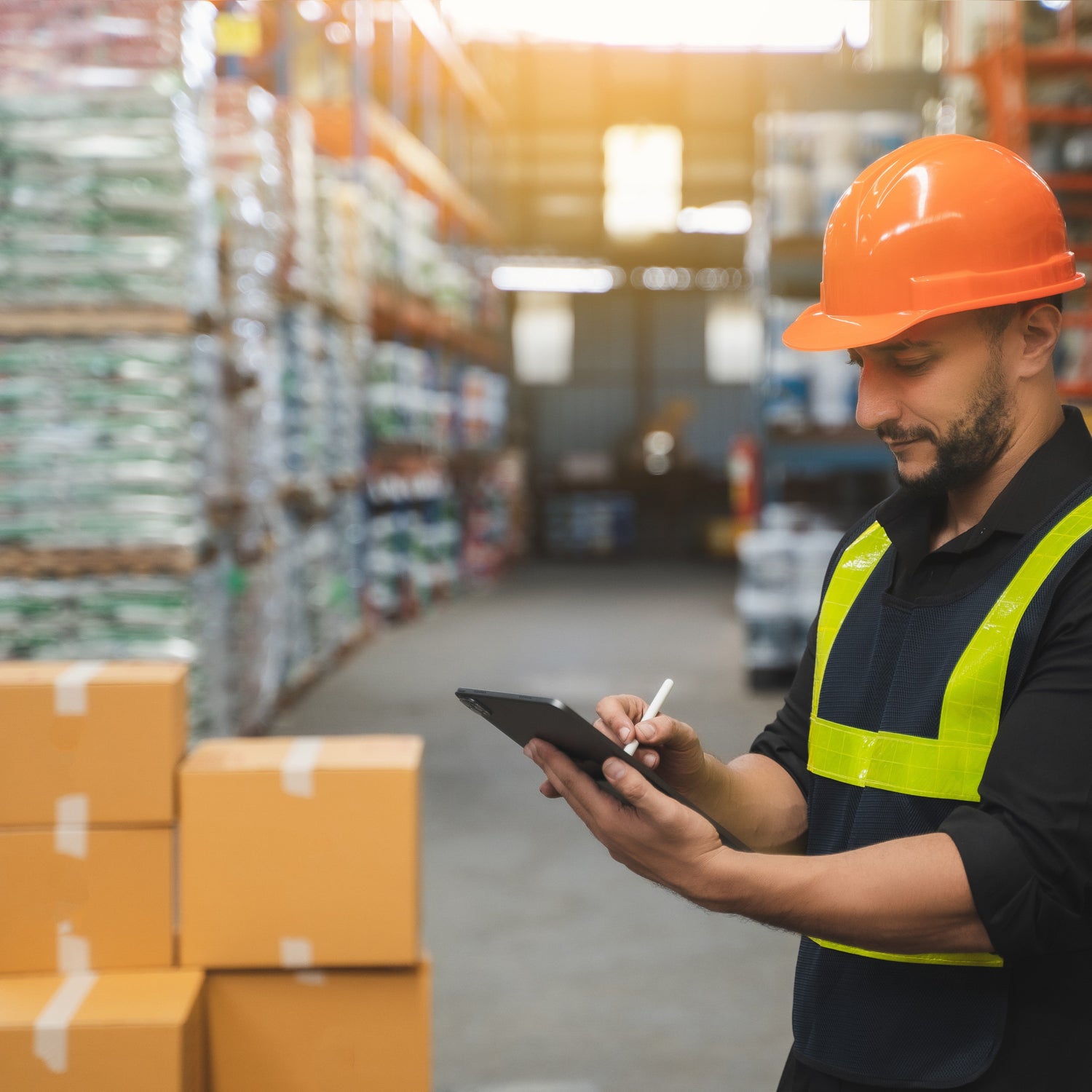 &lt;Male warehouse operator dressed in blue and yellow fluorescent jacket and orange hardhat, checking a delivery of boxes with an ipad and pen, with a blurred warehouse racking behind. Credit&gt; AdobeStock_523109911