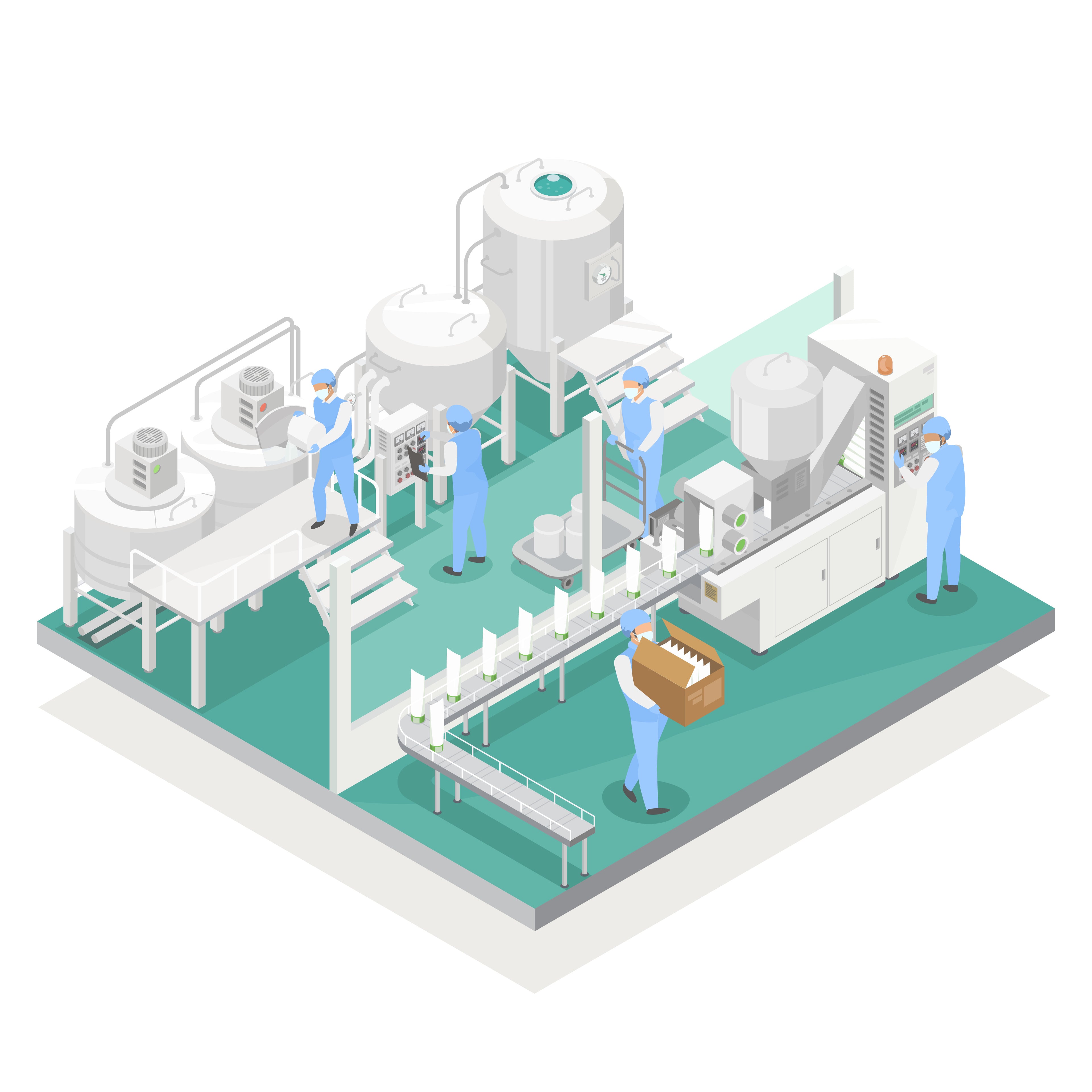 &lt;Cartoon schematic in a diagonal square of four bulk cream mixing tanks operated by two people in blue uniforms supplying a cream tube filling line operated by three further people on a turquoise floor. Credit&gt; AdobeStock_537123815