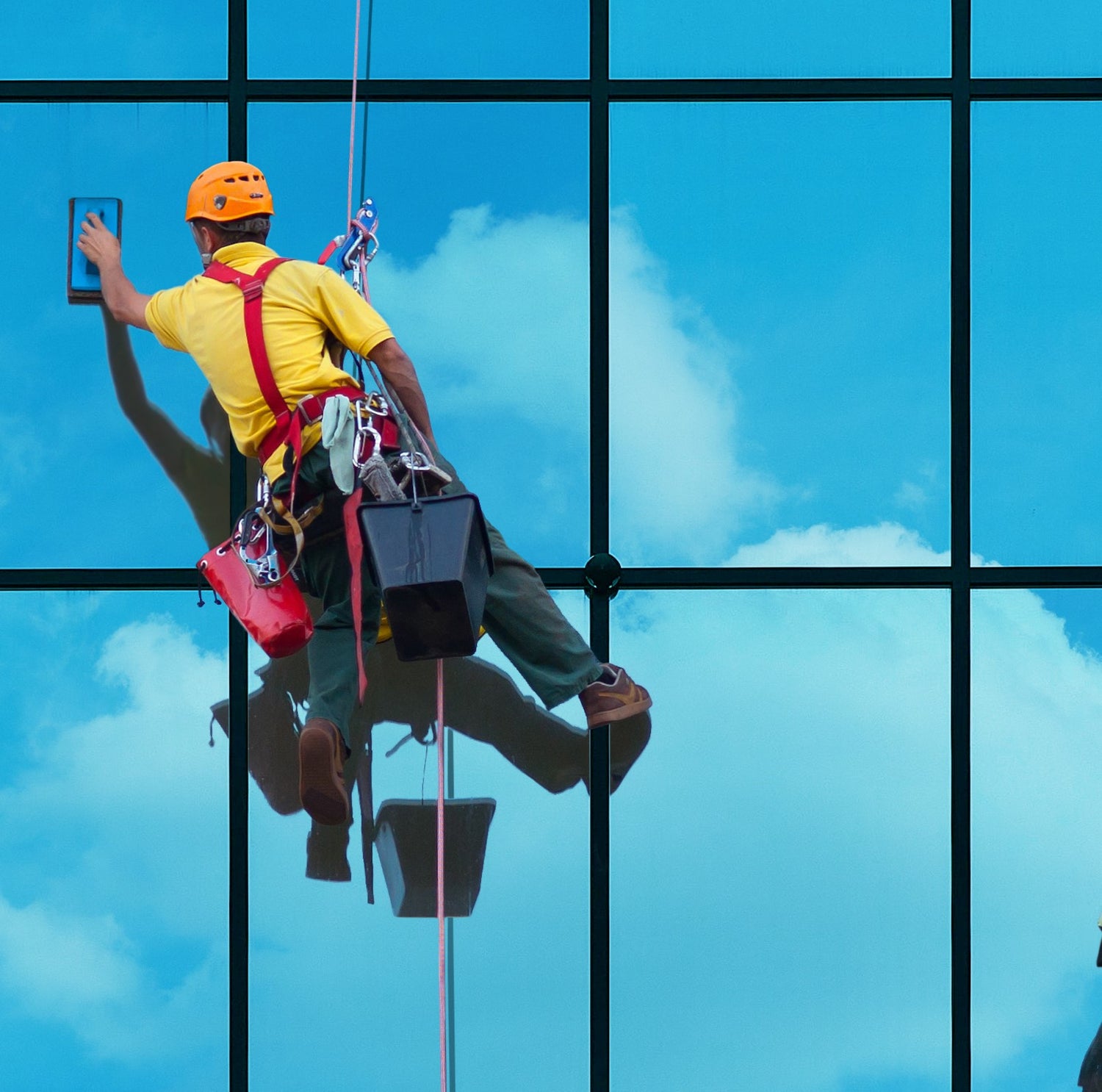 &lt;Male window cleaner with orange hard hat and yellow T-shirt  abseiling down the face of a glass building cleaning each window from a bucket and sponge. Credit&gt; AdobeStock_561040865