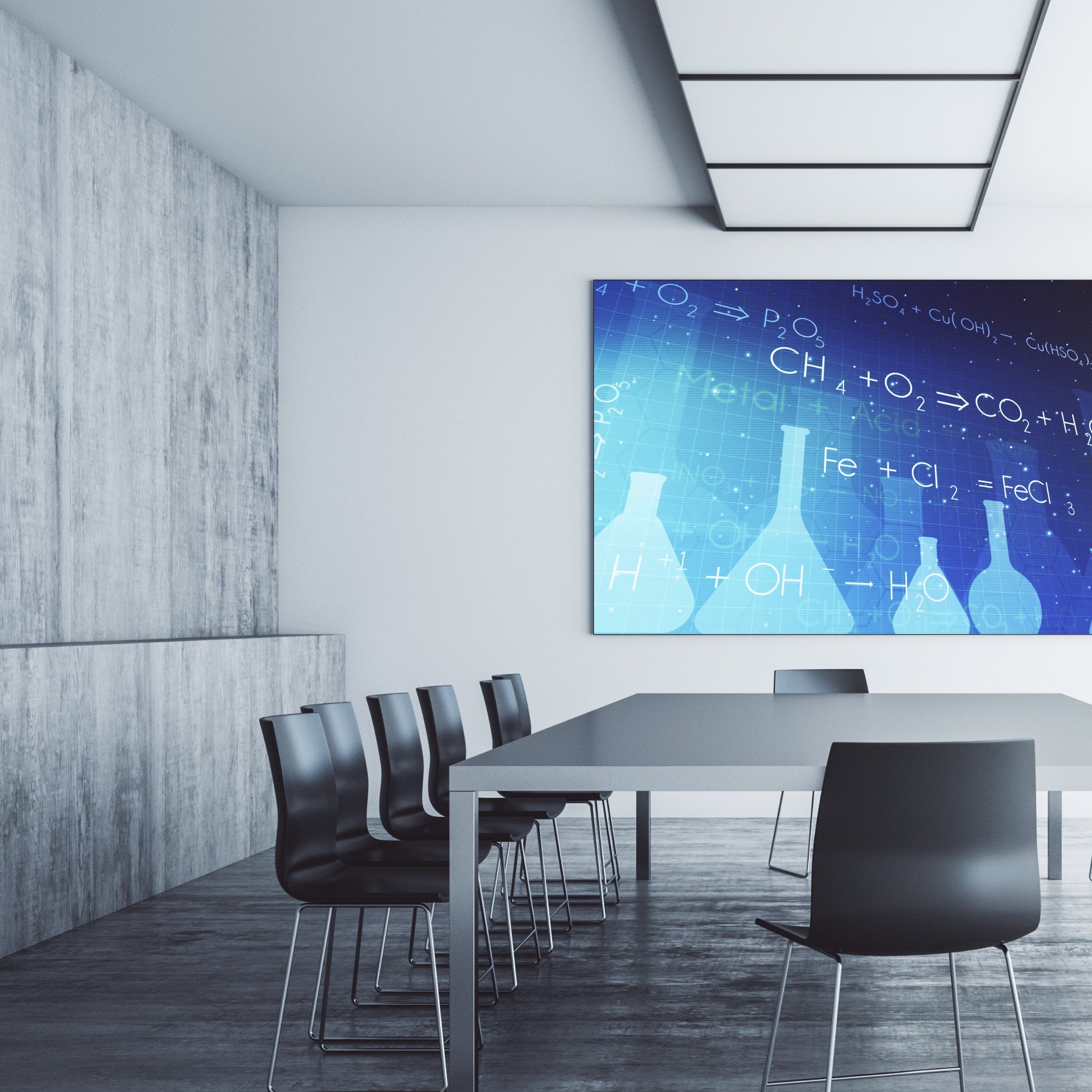 &lt;Futuristic laboratory meeting room with plain grey table, seven plastic black chairs with chrome legs, shiny grey stone effect floor and wall, and a large blue screen with light blue images of flasks and chemical equations. Credit&gt; AdobeStock_694390582