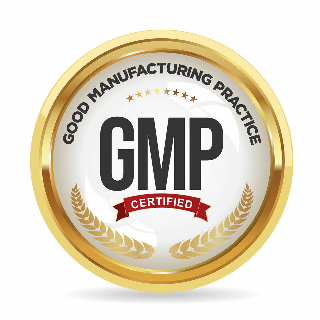 &lt;Round medal with shiny gold rim, white centre, and the words Good Manufacturing Practice GMP written in black, certified written in red, and eight gold stars and two gold laurels. Credit&gt; AdobeStock_718261089