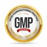 <Good Manufacturing Practice GMP certified circular medal, with shiny gold raised rim, white centre, black writing, and 10 gold stars and 2 golden laurels. Credit> AdobeStock_718261089