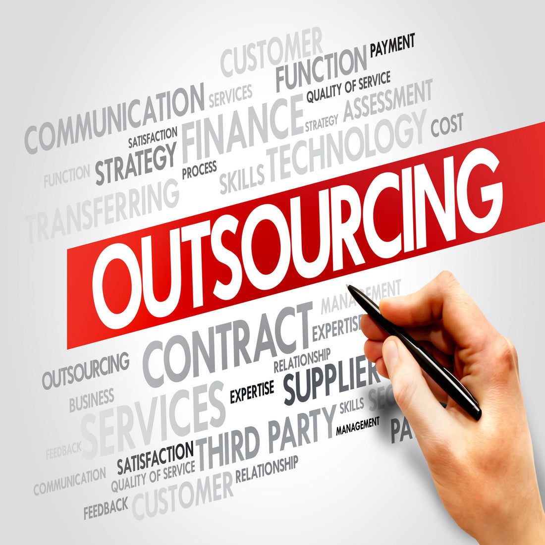 &lt;Hand holding a pen pointing to a printed poster with word Outsourcing  in white on a red banner diagonally in the centre, with all aspects of outsourcing in grey or black outside it such as contract, strategy, expertise, satisfaction etc. Credit&gt; AdobeStock_76373550