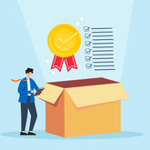 <Cartoon image of QA Officer with a clipboard stood next to a large cardboard box as big as them with a gold product quality medal above and a series of ticks for checks performed. Credit> AdobeStock_799247806