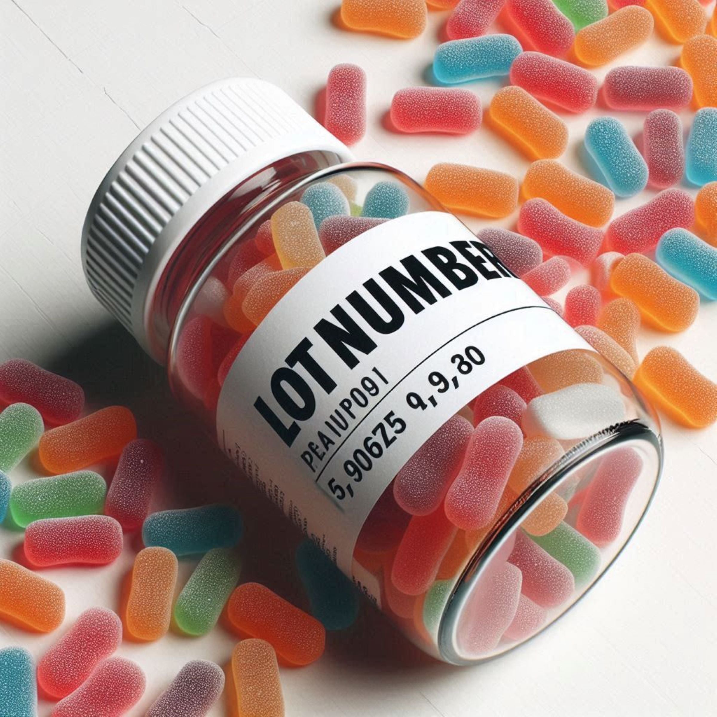 &lt;Red, blue and orange pillow shape gummies spread on a white table and filling a clear glass bottle with white plastic cap, labelled with lot number, one of the requirements of a dietary supplement master manufacturing record. Credit&gt; Freepik