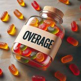 <Red, orange and green pillow and round shaped, lined gummies spread on a grey worktop and filling a clear glass flask labelled with overage, one of the requirements of a dietary supplement master manufacturing record. Credit> Freepik