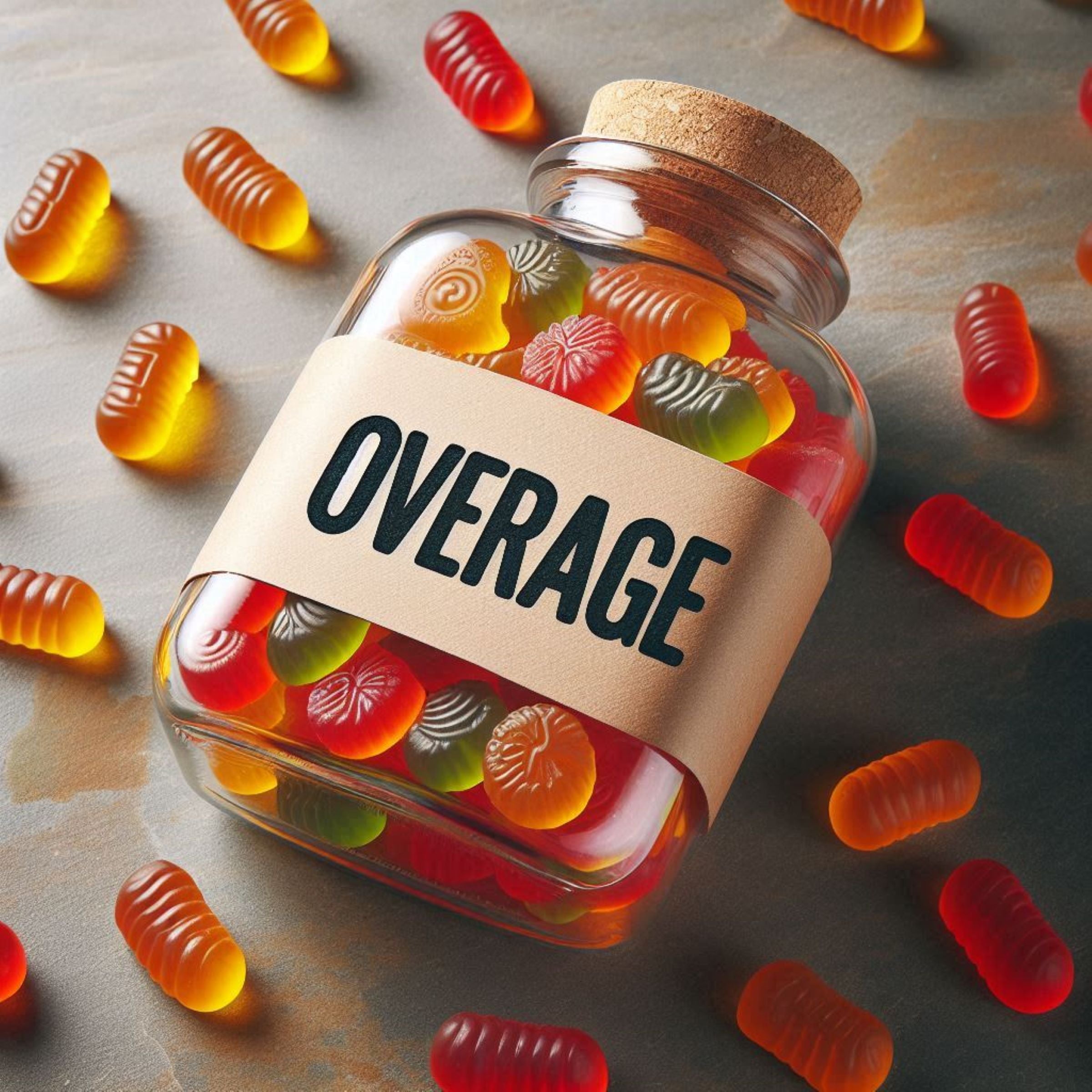 &lt;Red, orange and green pillow and round shaped, lined gummies spread on a grey worktop and filling a clear glass flask labelled with overage, one of the requirements of a dietary supplement master manufacturing record. Credit&gt; Freepik