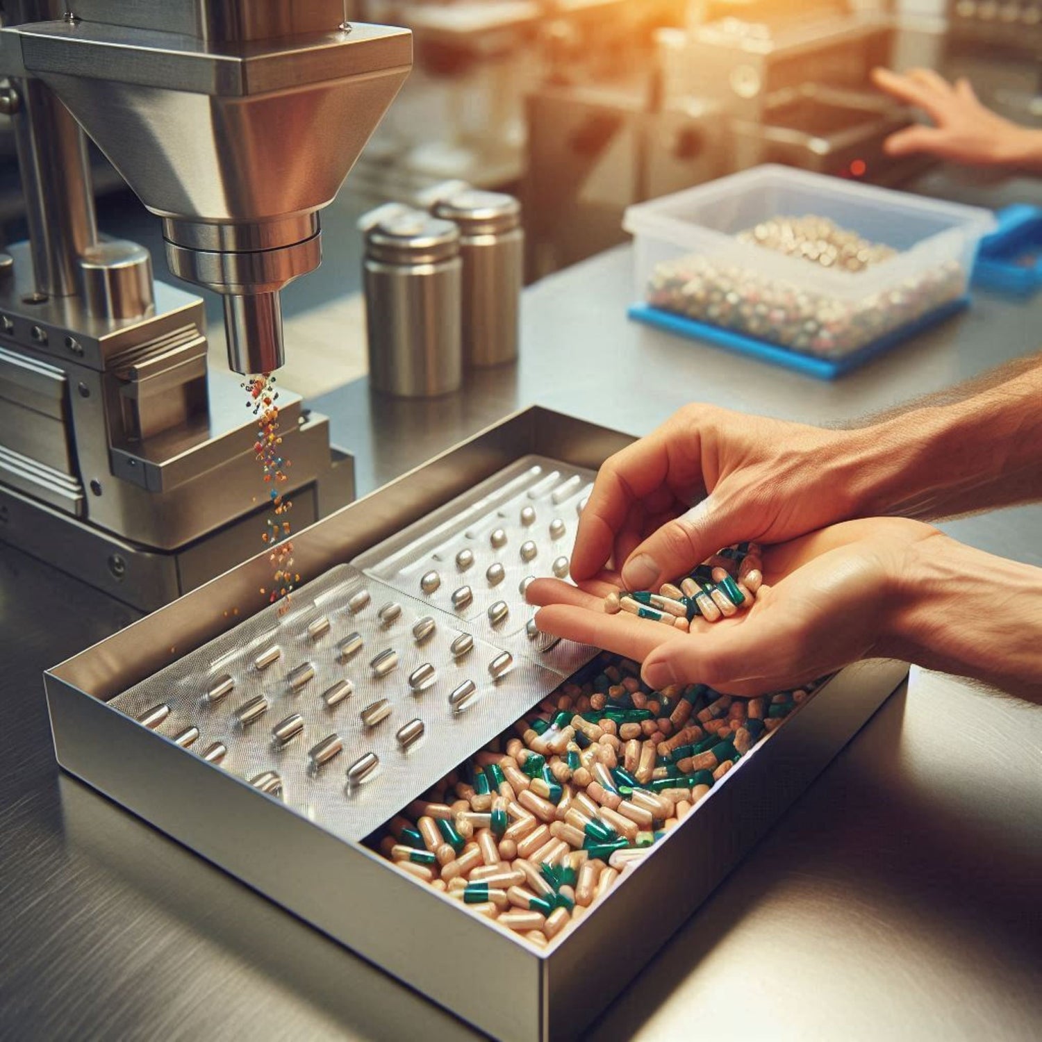 &lt;Hands of a man emptying half green and half beige dietary supplements capsules from foil blisters in a stainless steel tray on a stainless steel table next to a small hopper dispensing powder. Credit&gt; Freepik