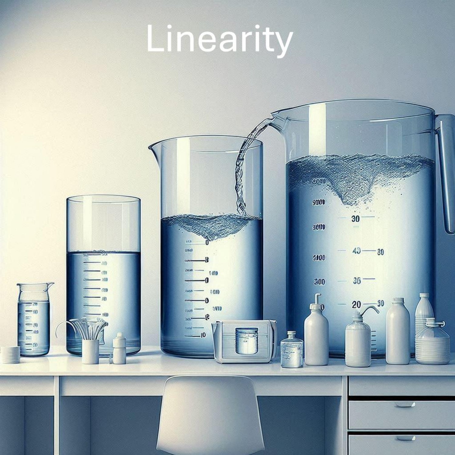 &lt;Representing Linearity, volume of water, in large graduated plastic jugs on a white office desk, increasing proportionally. Credit&gt; Freepik