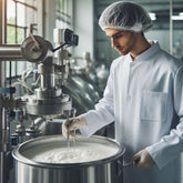 <A male production operator wearing white coat, hairnet, and gloves making an ingredient adjustment to a batch of cream format dietary supplement in a cylindrical stainless steel mixing vessel. Credit> Freepik