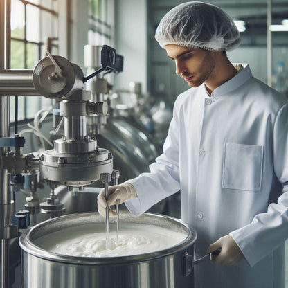 &lt;A male production operator wearing white coat, hairnet, and gloves making an ingredient adjustment to a batch of cream format dietary supplement in a cylindrical stainless steel mixing vessel. Credit&gt; Freepik