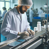 <A bearded male production operator wearing white coat, hairnet and gloves sorting through white tablets and blue capsules on a stainless steel conveyor belt with another production line and four operators in a blurred background. Credit> Freepik